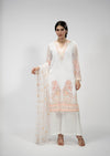 Zola Kasak ivory kameez with peach and coral threadwork