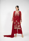 Zola Khumaar deep red kameez with ivory and gold embroidery