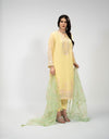 Zola Ranai lemon yellow kameez with mint embroidered dupatta